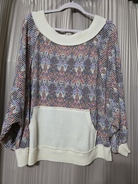 Ces Femme Multi-Color Patterned Pullover with Cream Trim